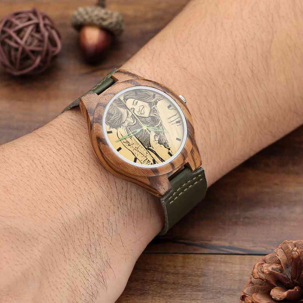 Men's Engraved Wooden Photo Watch Dark Green Leather Strap 45mm