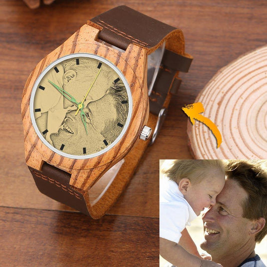 Men's Engraved Wooden Photo Watch Brown Leather Strap 45mm