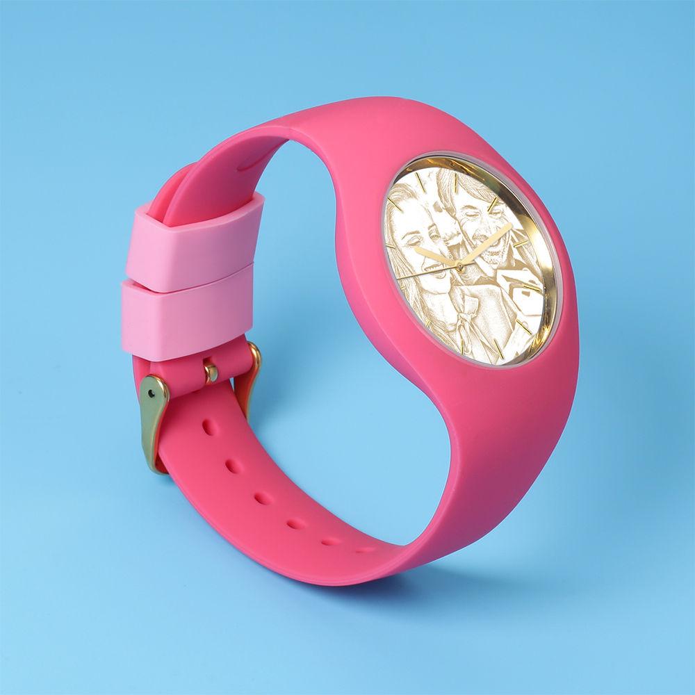 Women's  Silicone Engraved Photo Watch Women's Engraved Photo Watch  41mm  Pink Strap - Golden