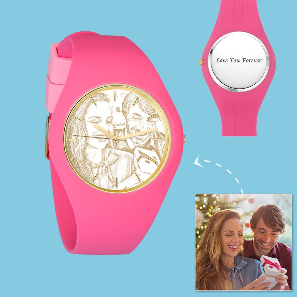 Women's  Silicone Engraved Photo Watch Women's Engraved Photo Watch  41mm  Pink Strap - Golden