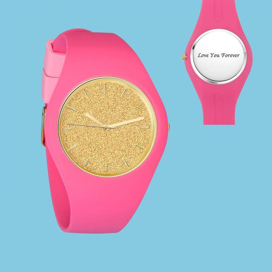 Unisex Silicone Engraved Watch Unisex Engraved Watch 41mm Pink Strap - Golden