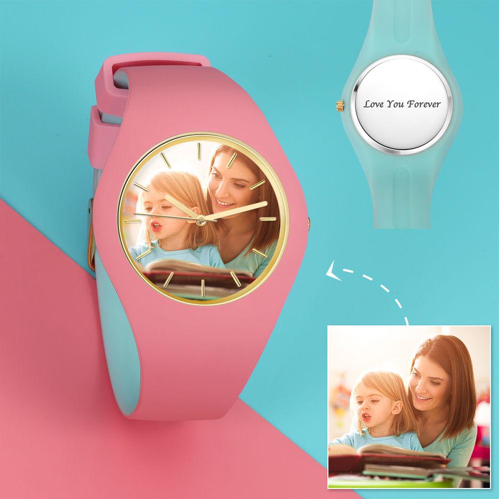 Unisex Silicone Engraved Photo Watch Unisex Engraved Photo Watch  41mm Blue and White Strap