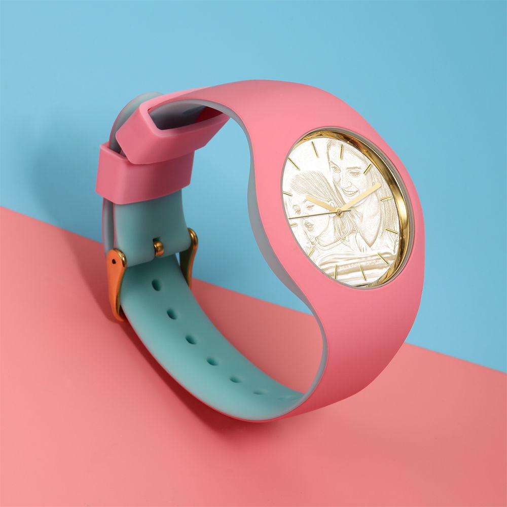 Unisex Silicone Engraved Photo Watch Unisex Engraved Photo Watch  41mm  Pink and Blue Strap - Golden