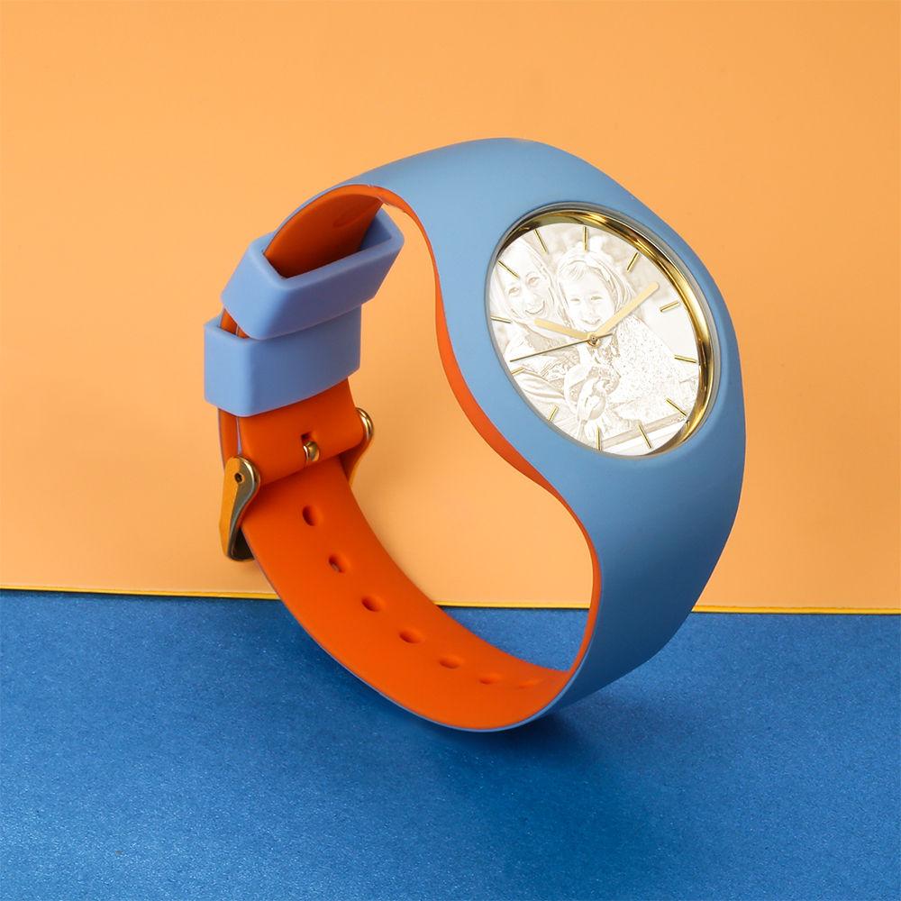Unisex Silicone Engraved Photo Watch Unisex Engraved Photo Watch  41mm Orange and Blue Strap- Golden