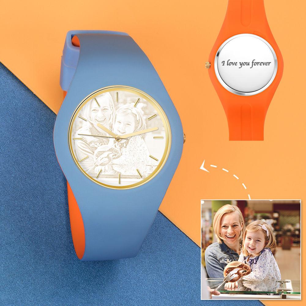Unisex Silicone Engraved Photo Watch Unisex Engraved Photo Watch  41mm Orange and Blue Strap- Golden