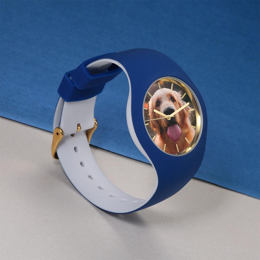 Unisex Silicone Engraved Photo Watch Unisex Engraved Photo Watch  41mm Blue and White Strap