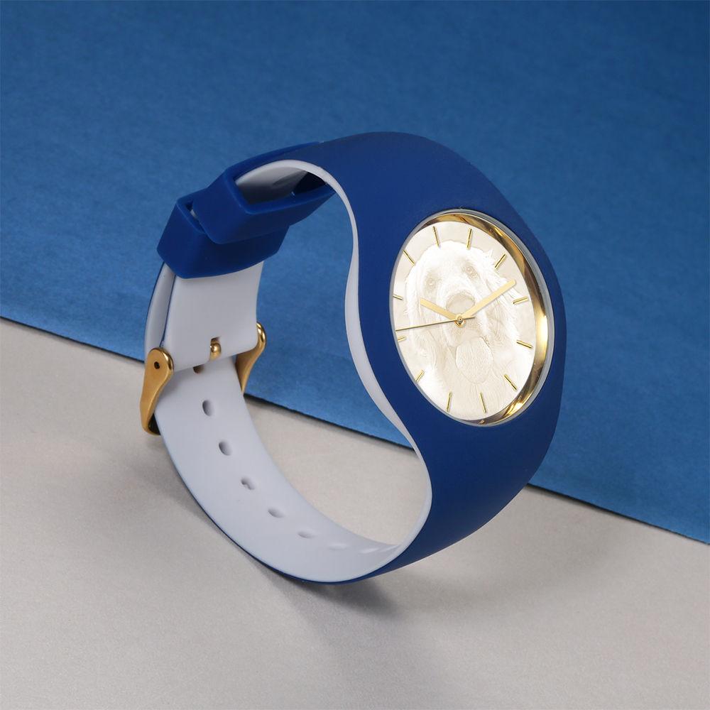 Unisex Silicone Engraved Photo Watch Unisex Engraved Photo Watch  41mm  Blue and White Strap - Golden