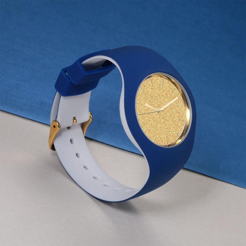 Unisex Silicone Engraved Watch Unisex Engraved Watch  41mm Blue and White Strap - Golden