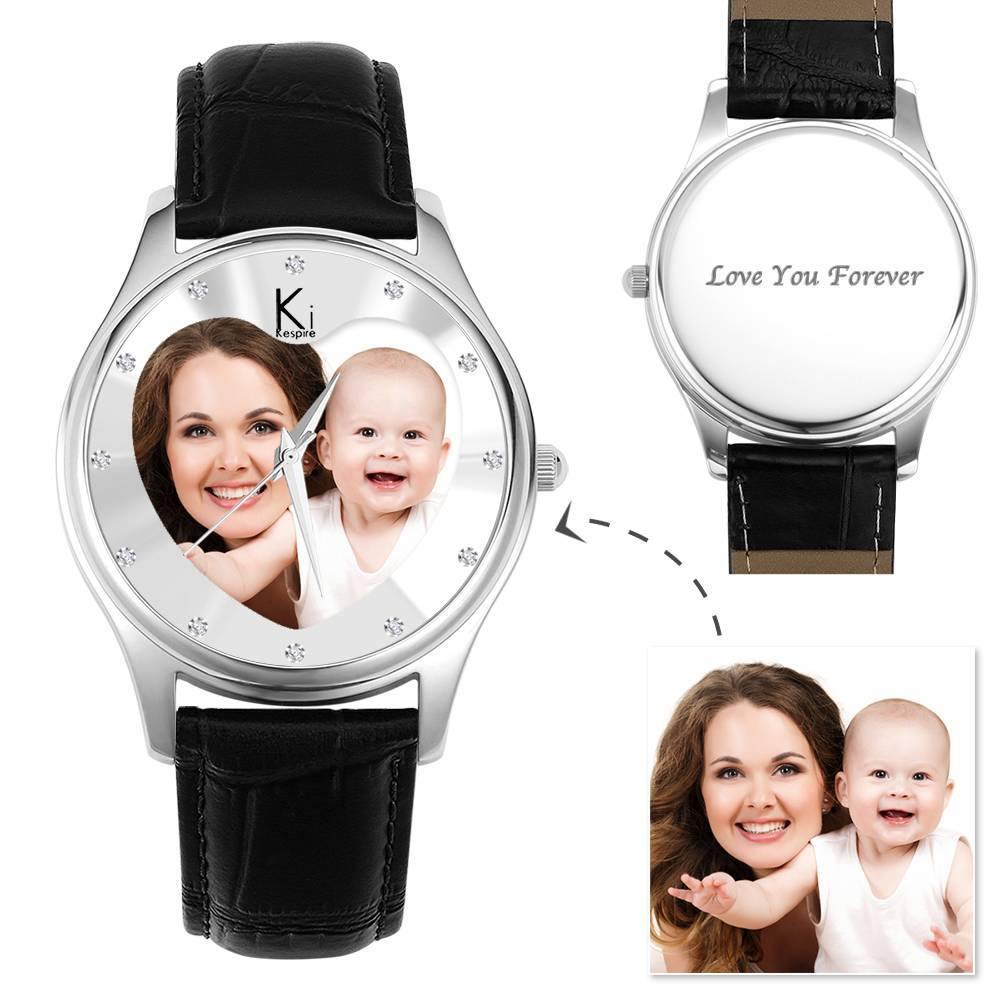 Men's Engraved Photo Watch 43mm Black Leather Strap