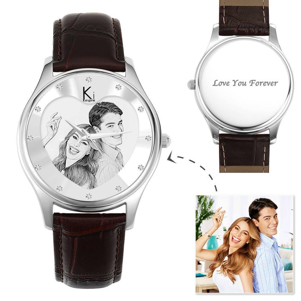 Men's Engraved Photo Watch 43mm Brown Leather Strap- Sketch