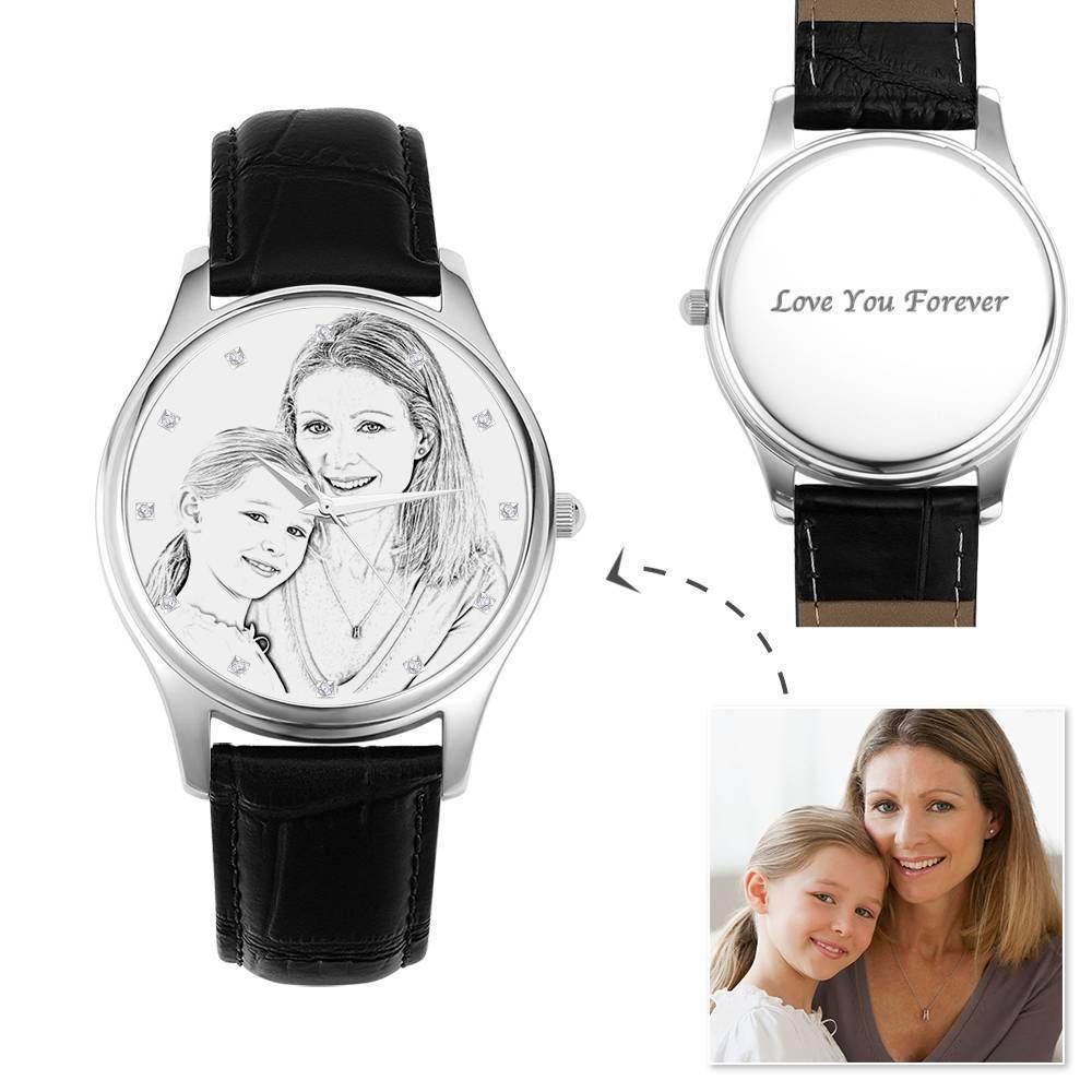 Women's Engraved Photo Watch 40mm Brown Leather Strap - Sketch