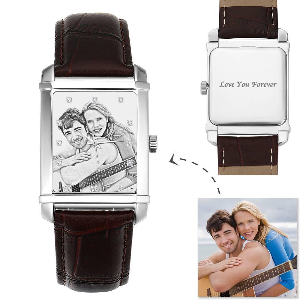 Men's Engraved Photo Watch 40*33mm Brown Leather Strap - Sketch