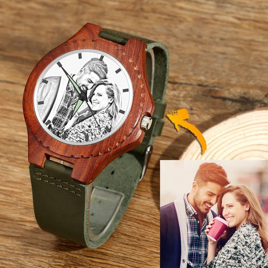 Unisex Engraved Photo Watch 48mm Wood Grain and Dark Green Strap - Sketch