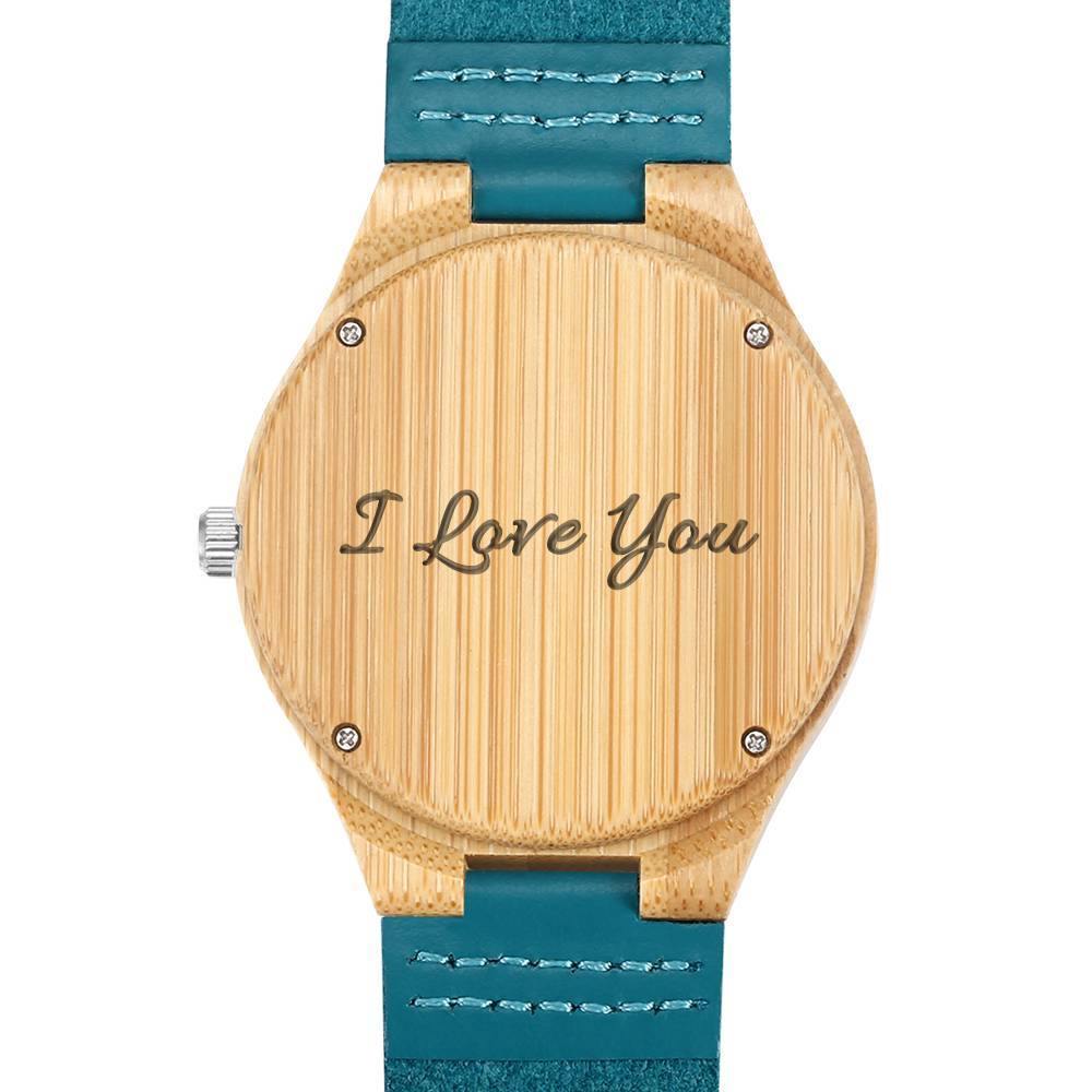 Men's Engraved Wooden Photo Watch Blue Leather Strap - Bamboo