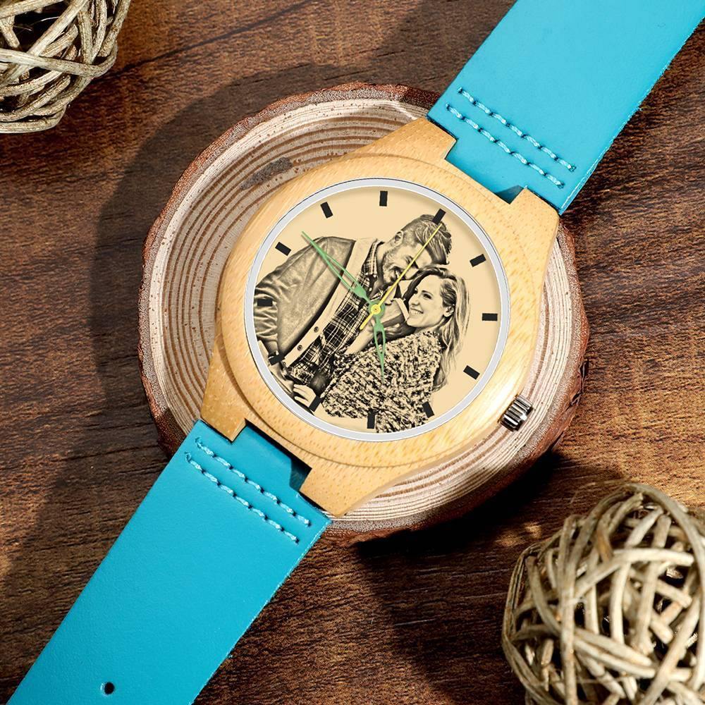 Men's Engraved Wooden Photo Watch Blue Leather Strap - Bamboo