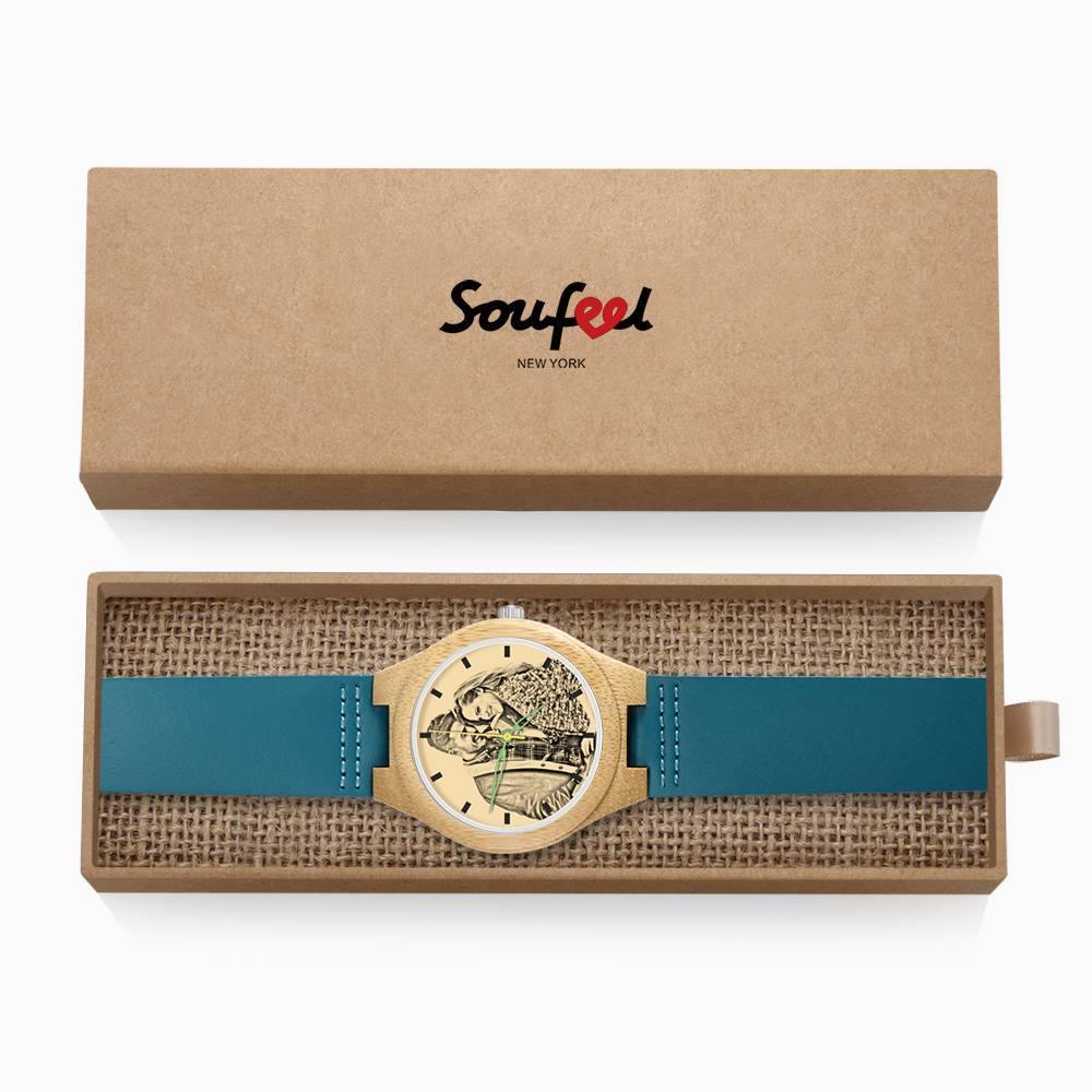 Men's Engraved Wooden Photo Watch Blue Leather Strap - Bamboo