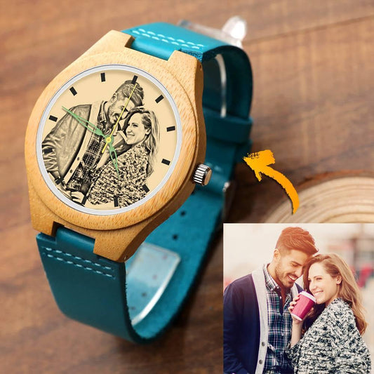 Men's Engraved Wooden Stripe Photo Watch Blue Leather Strap - Zebra Wood
