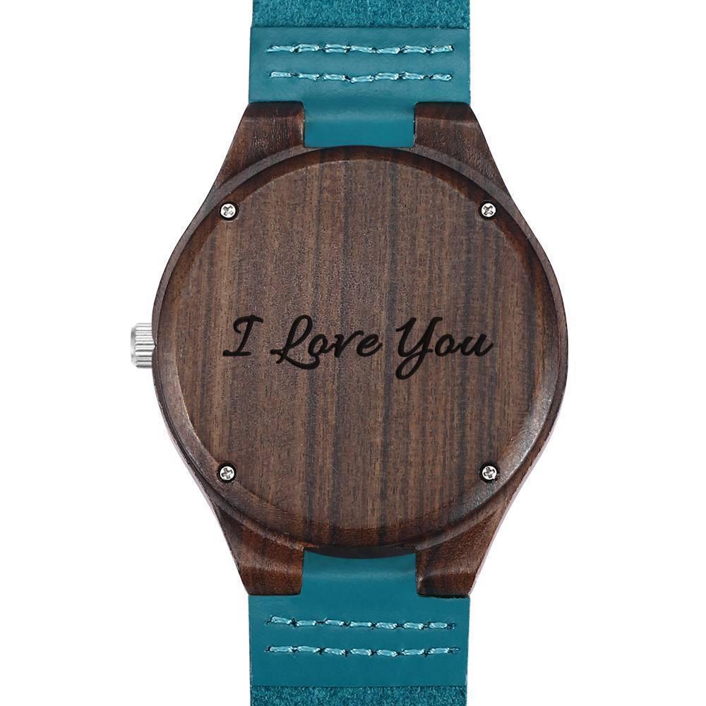 Men's Engraved Wooden Photo Watch Blue Leather Strap - Sandalwood