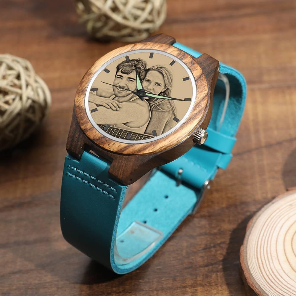 Men's Engraved Wooden Photo Watch Blue Leather Strap - Sandalwood