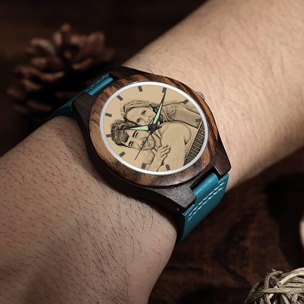 Men's Engraved Wooden Photo Watch Blue Leather Strap - Sandalwood