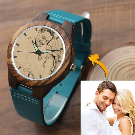 Women's Engraved Wooden Photo Watch Blue Leather Strap - Bamboo