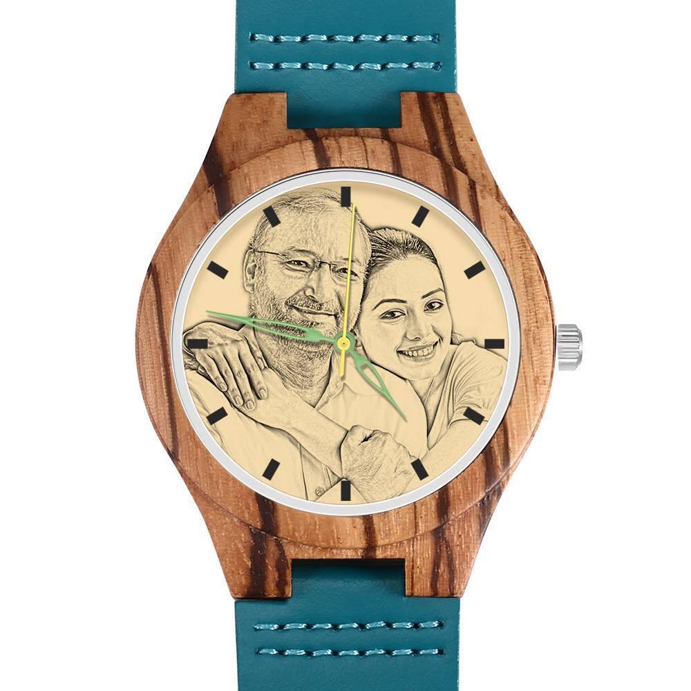 Men's Engraved Wooden Stripe Photo Watch Blue Leather Strap - Zebra Wood
