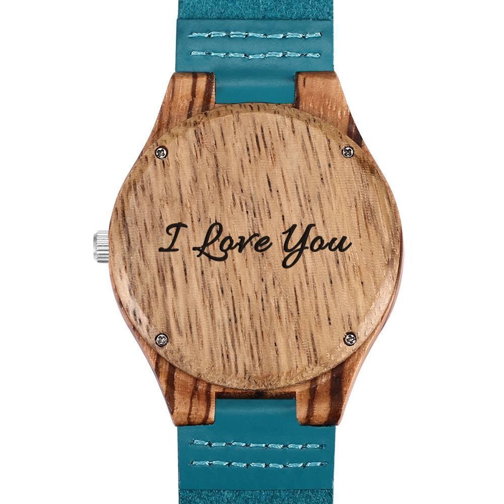 Men's Engraved Wooden Stripe Photo Watch Blue Leather Strap - Zebra Wood