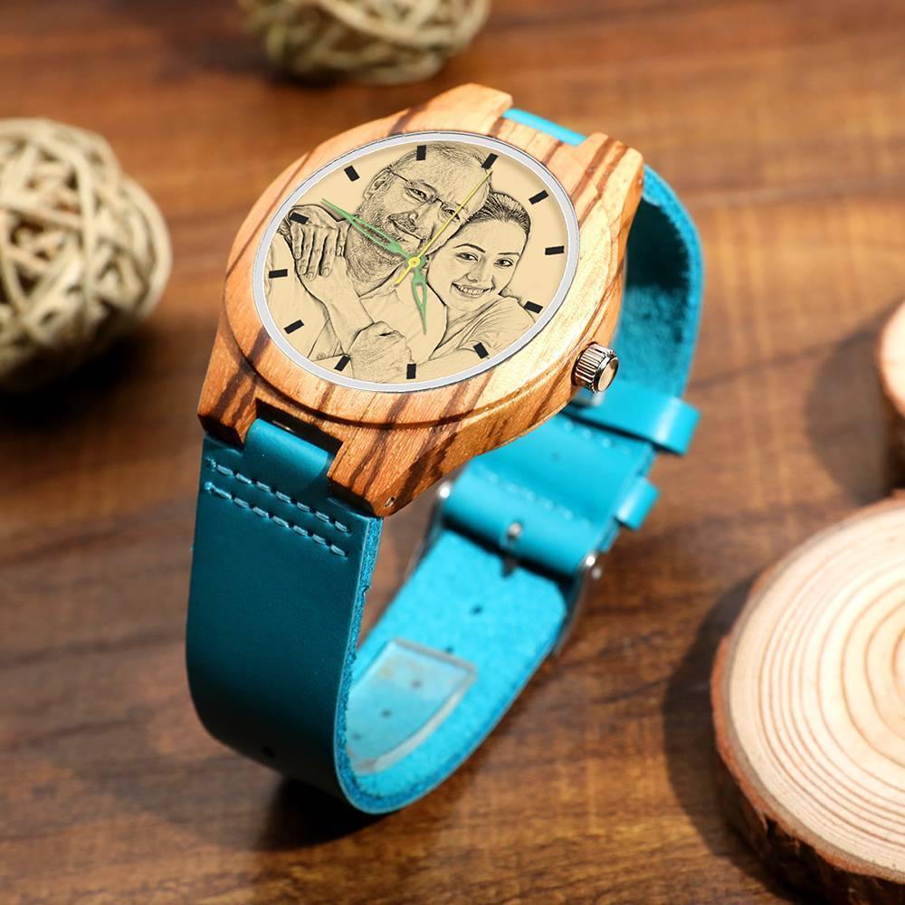 Men's Engraved Wooden Stripe Photo Watch Blue Leather Strap - Zebra Wood