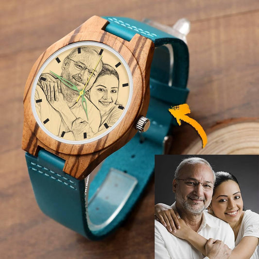 Men's Engraved Wooden Photo Watch Blue Leather Strap - Bamboo