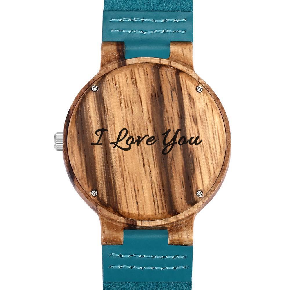 Men's Engraved Wooden Photo Watch Blue Leather Strap - Zebra Wood