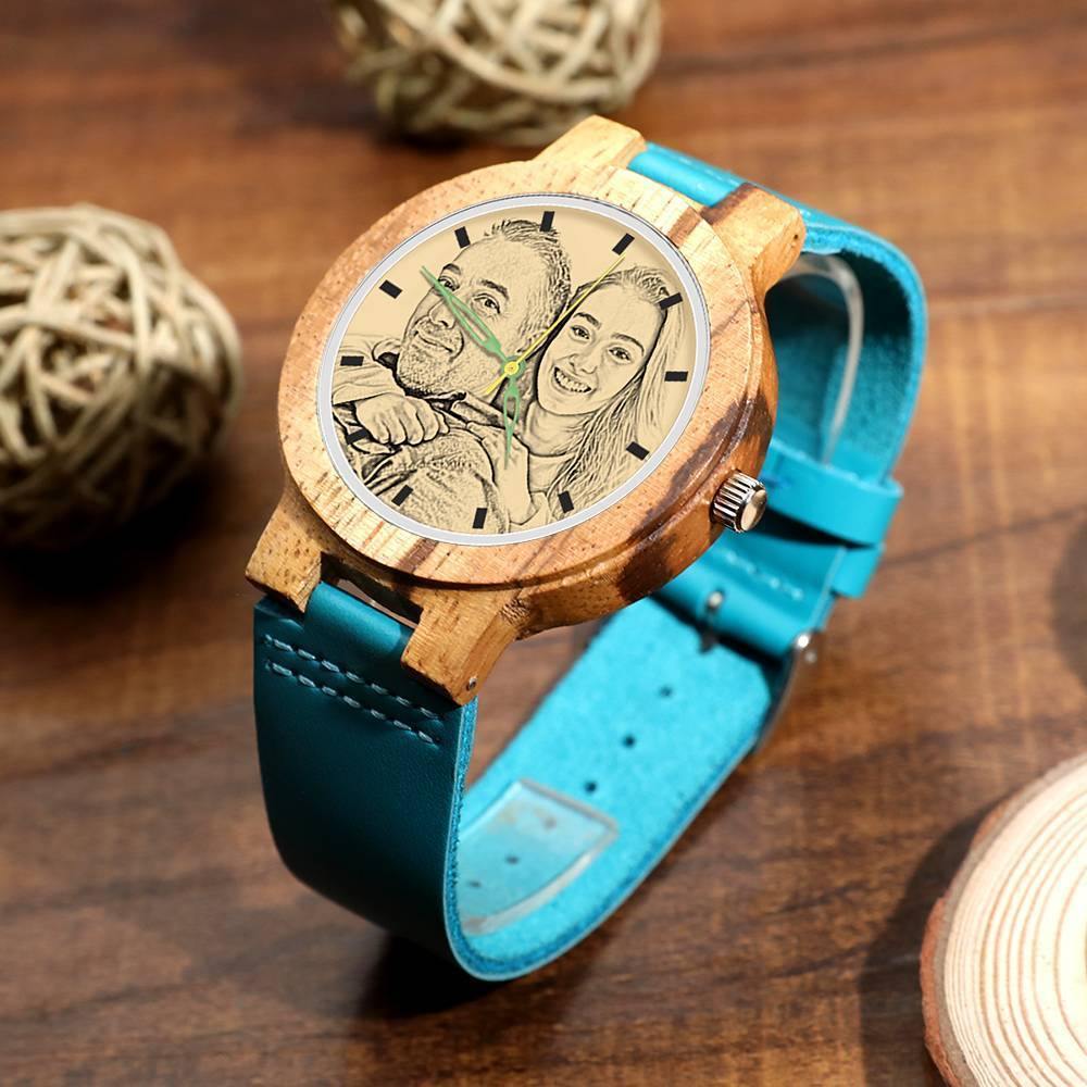 Men's Engraved Wooden Photo Watch Blue Leather Strap - Zebra Wood