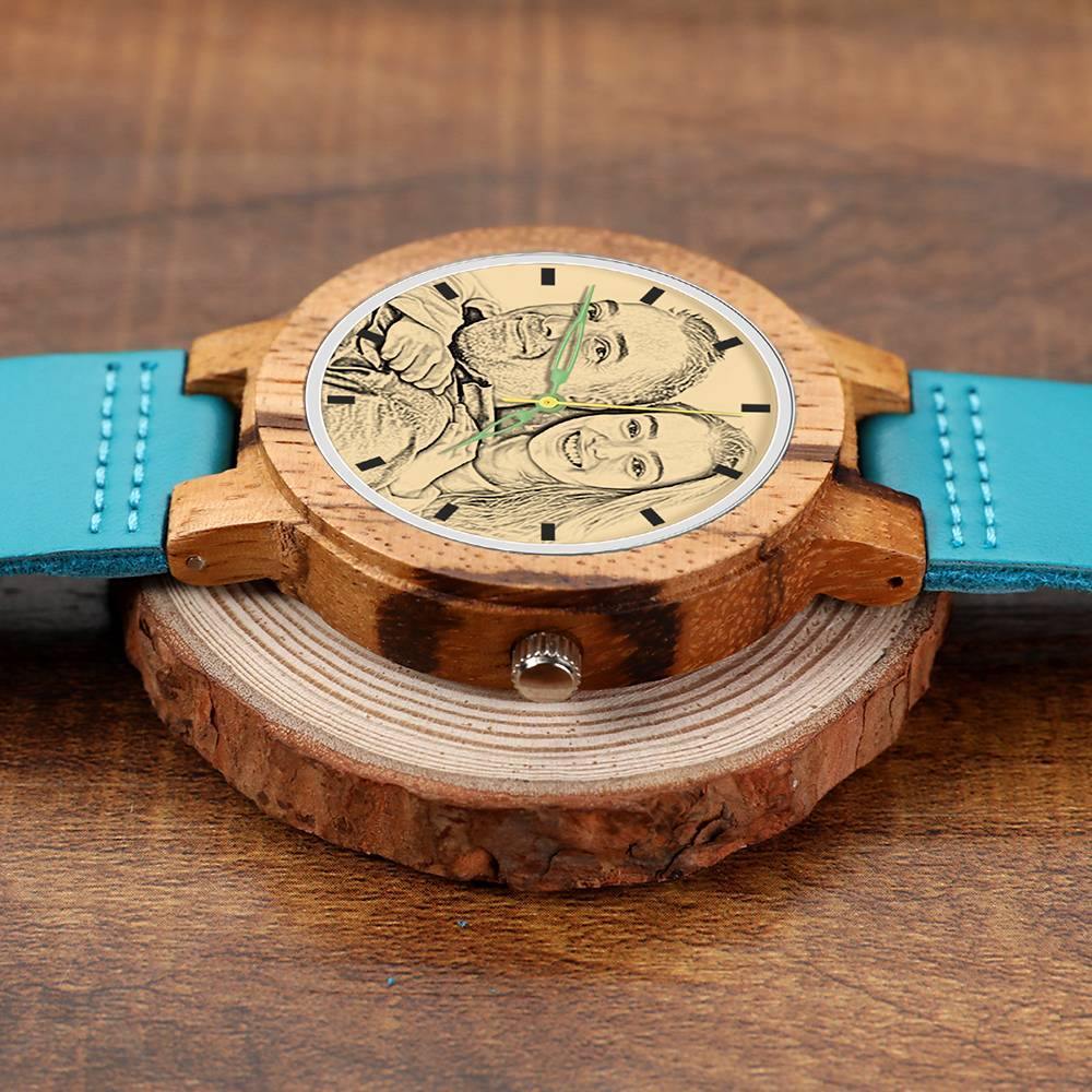 Men's Engraved Wooden Photo Watch Blue Leather Strap - Zebra Wood