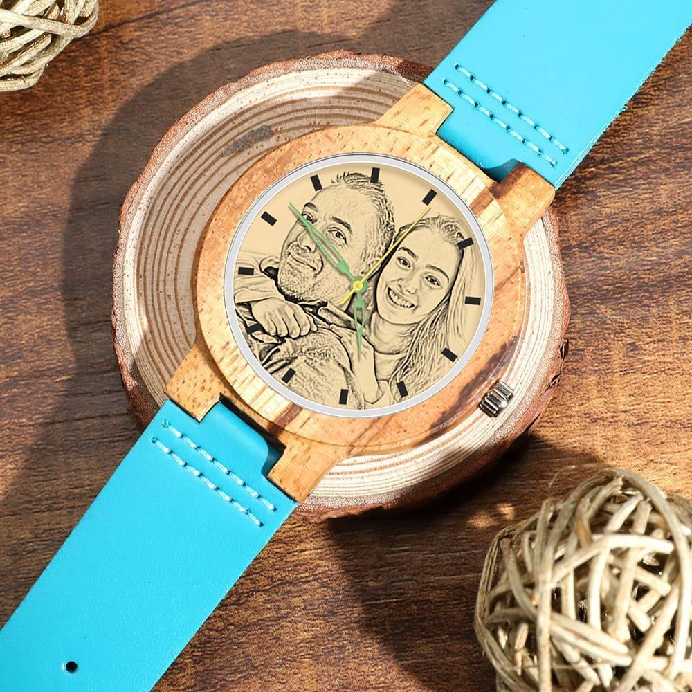 Men's Engraved Wooden Photo Watch Blue Leather Strap - Zebra Wood