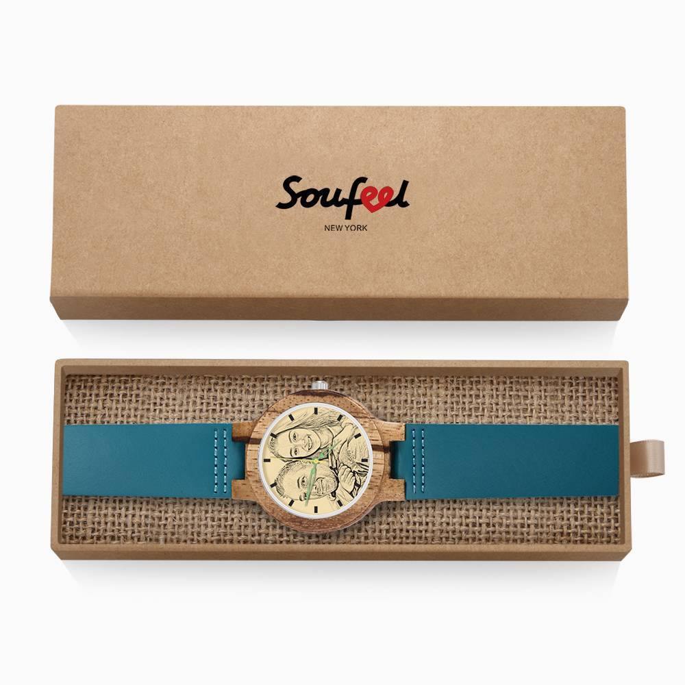 Men's Engraved Wooden Photo Watch Blue Leather Strap - Zebra Wood