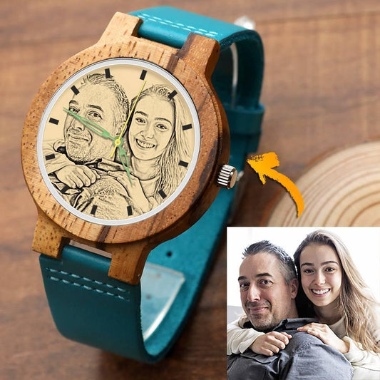 Men's Engraved Wooden Photo Watch Blue Leather Strap - Zebra Wood