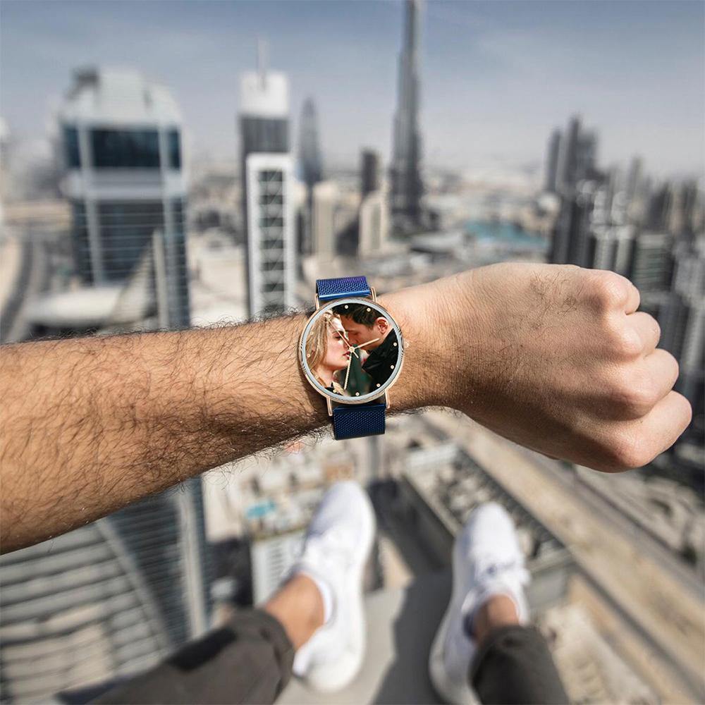 Personalized Engraved Watch, Photo Watch with Blue Strap - Gift for Boyfriend