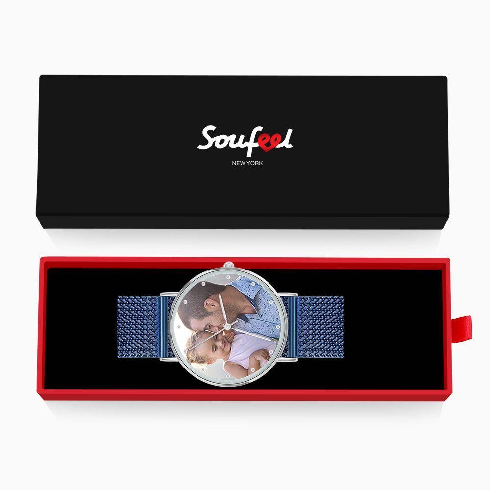 Photo Engraved Watch, Custom Your Own Photo Watch with Blue Strap - Women