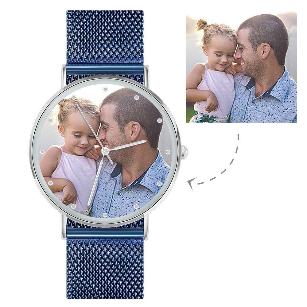Photo Engraved Watch, Custom Your Own Photo Watch with Blue Strap - Women