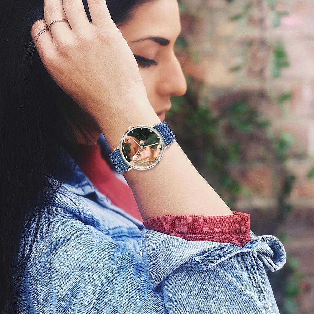 Photo Engraved Watch, Personalized Photo Watch with Blue Strap - Women
