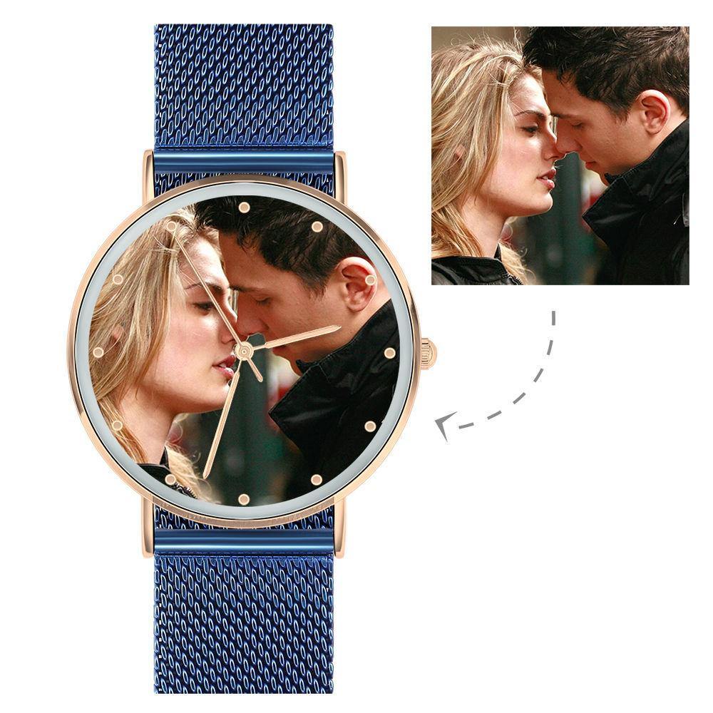 Photo Engraved Watch, Custom Your Own Photo Watch with Blue Strap - Women