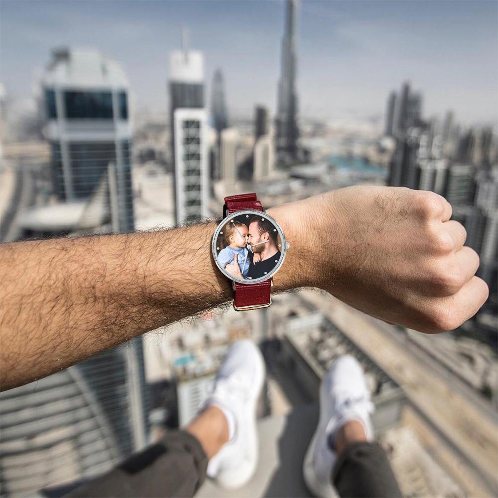 Personalized Engraved Watch, Custom Your Own Photo Watch with Red Strap