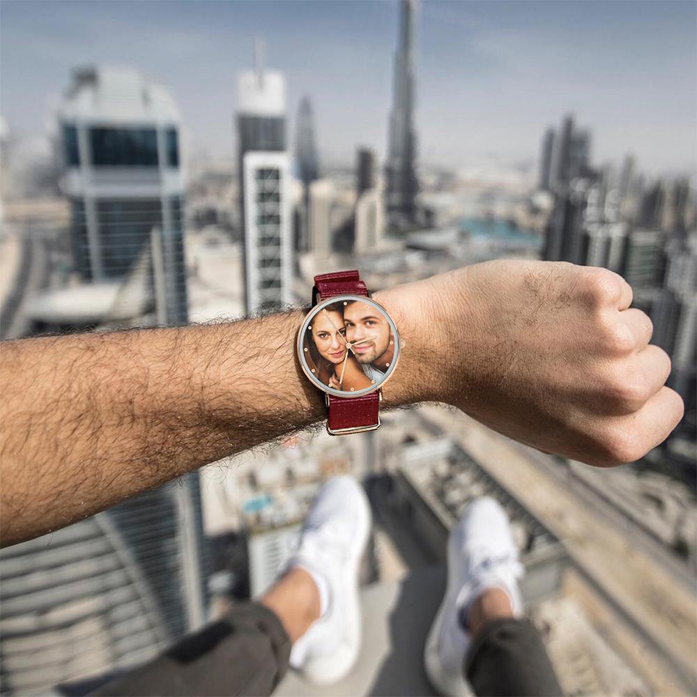 Personalized Engraved Watch, Photo Watch with Red Strap - Gift for Boyfriend