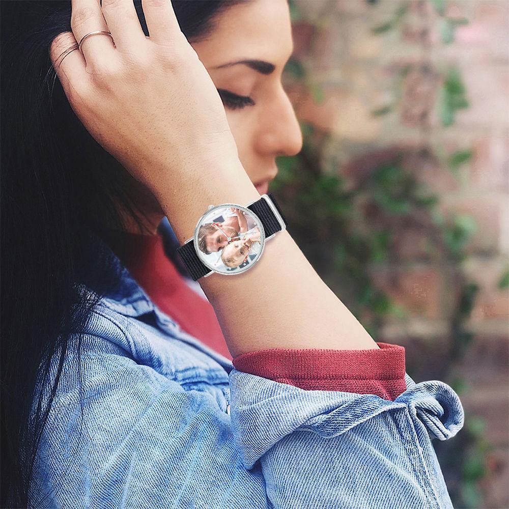 Photo Engraved Watch, Custom Photo Watch with Black Strap - Women