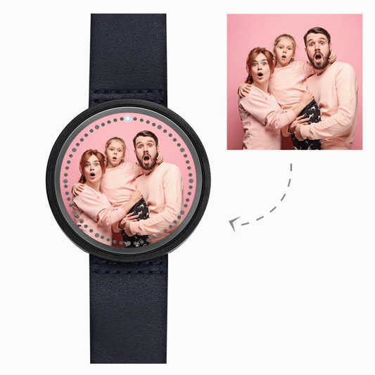 Personalized Photo Watch, Touch Illuminated Watch LED Blue Leather Strap