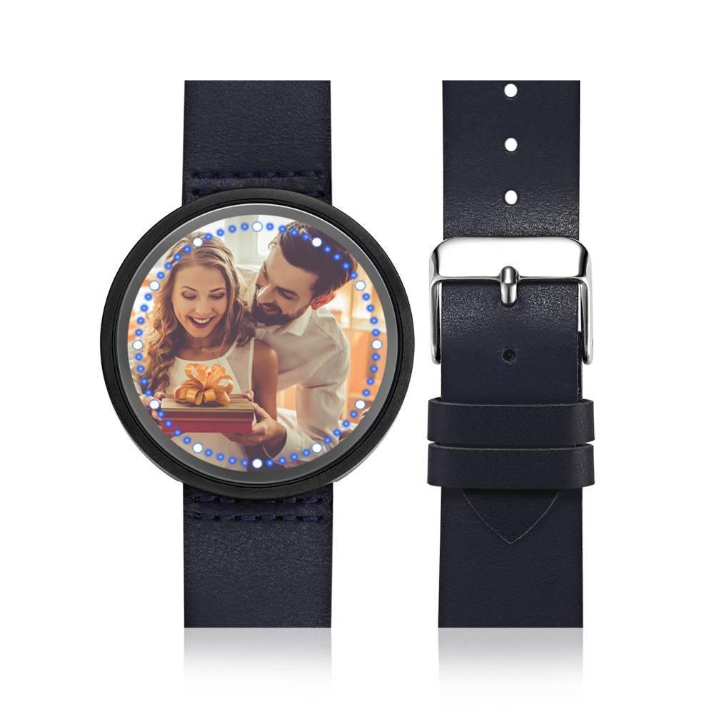 Personalized Photo Watch, Touch Illuminated Watch Blue Leather Strap Couple's Gift