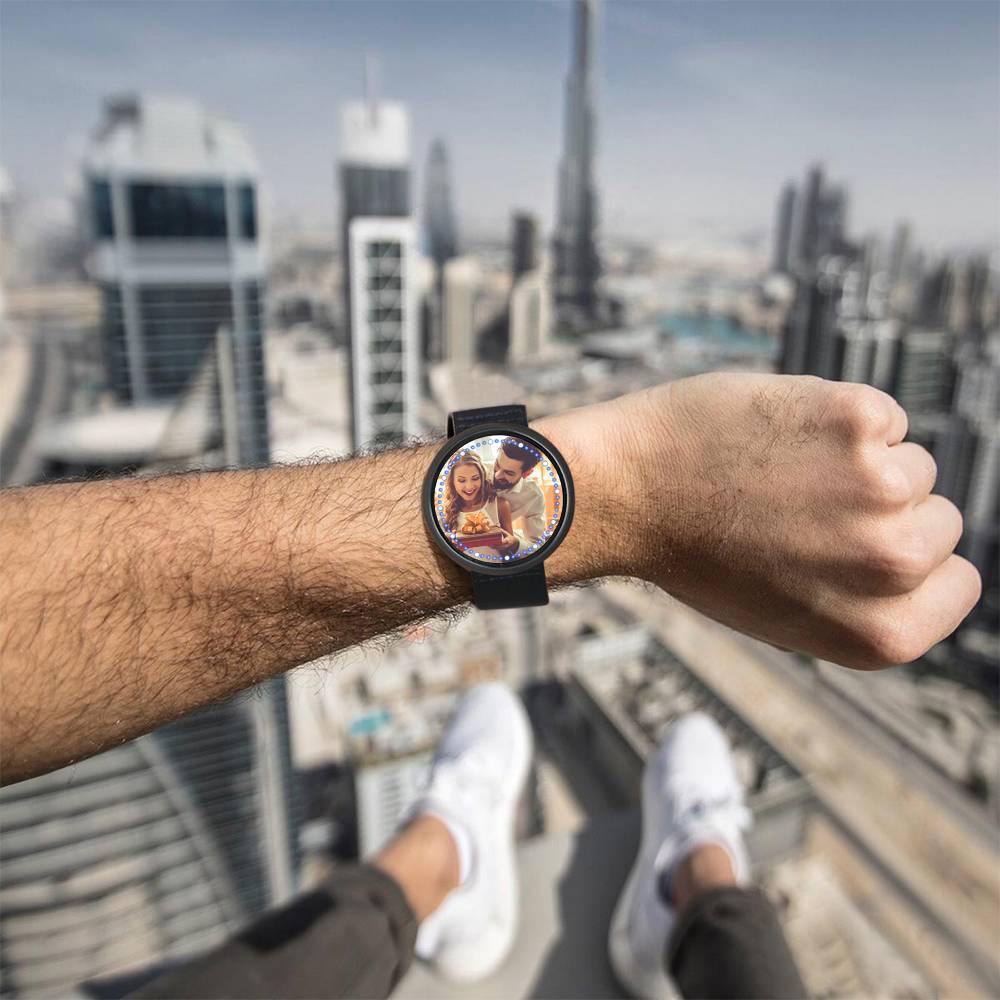 Personalized Photo Watch, Touch Illuminated Watch Blue Leather Strap Couple's Gift