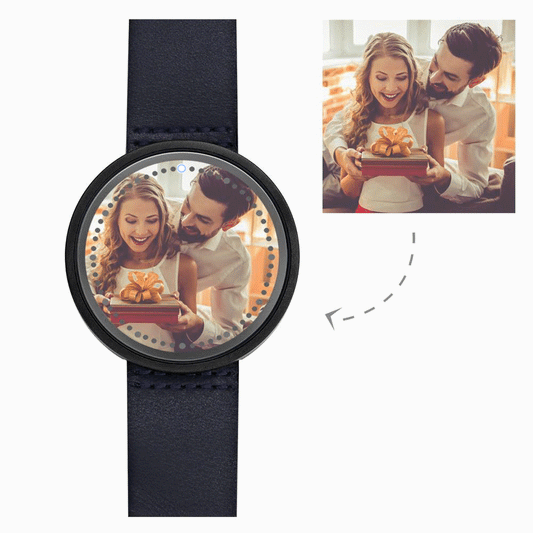 Personalized Photo Watch, Touch Illuminated Watch Blue Leather Strap Couple's Gift