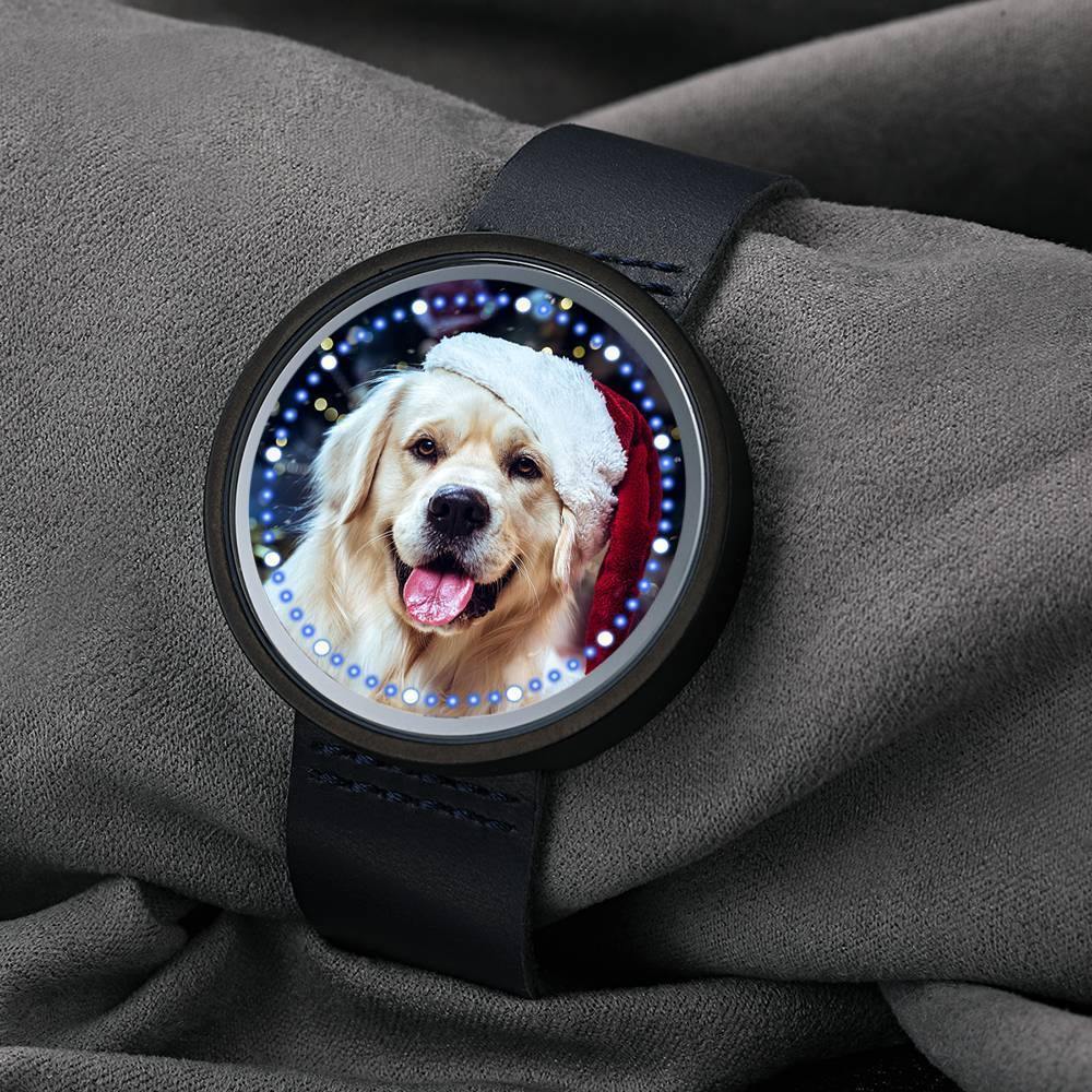 Personalized Photo Watch, Touch Illuminated Watch Blue Leather Strap Cute Pet
