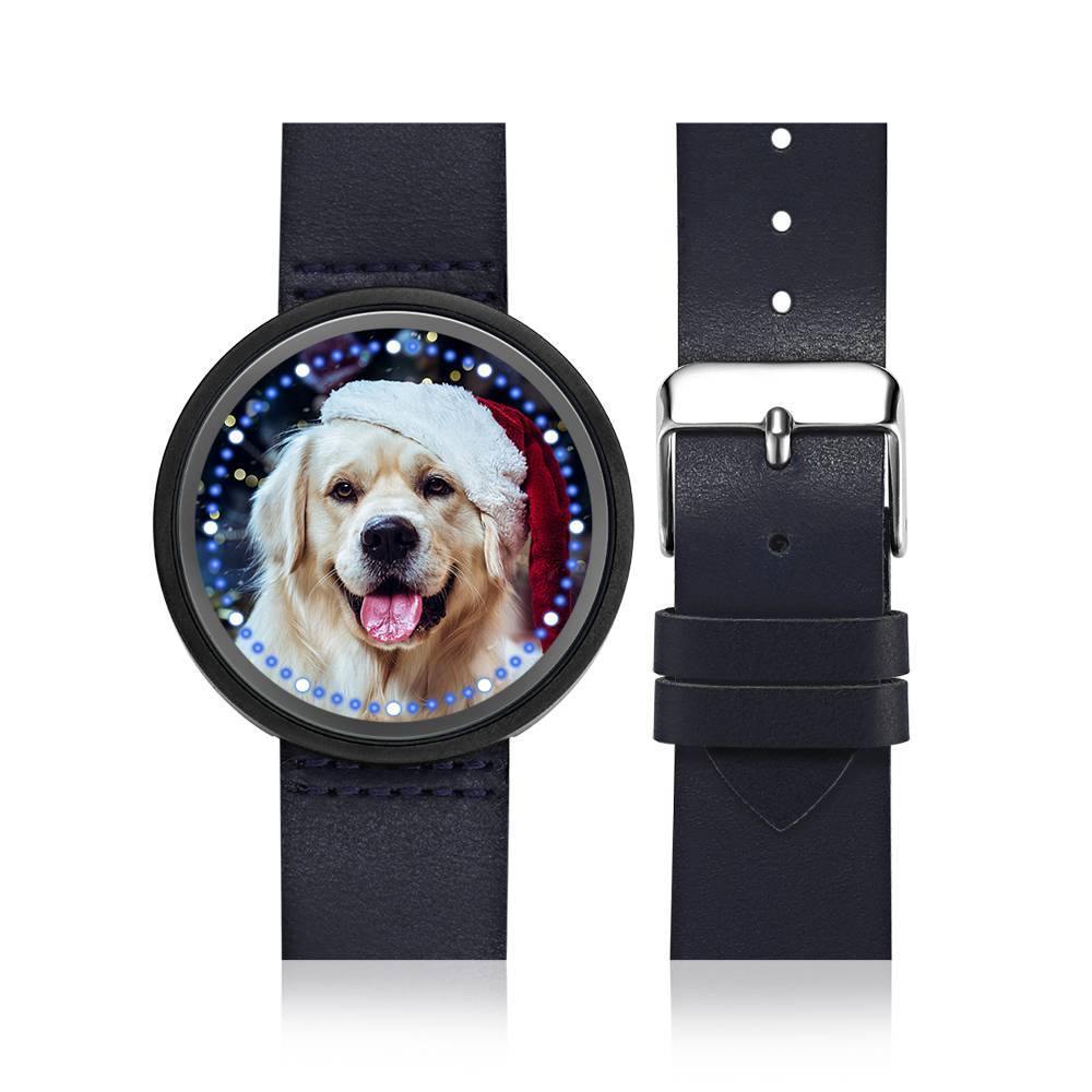 Personalized Photo Watch, Touch Illuminated Watch Blue Leather Strap Cute Pet
