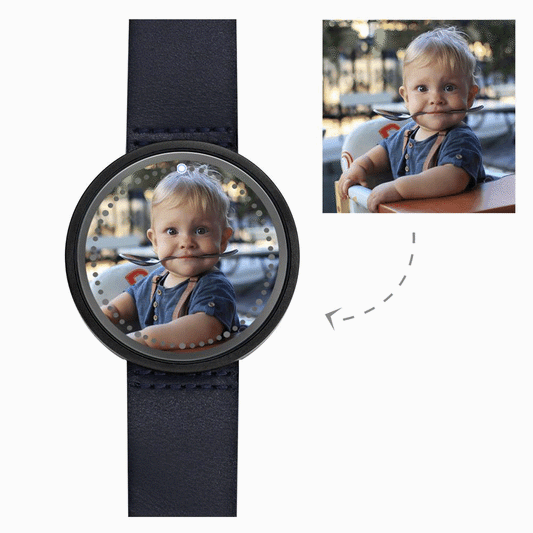 Personalized Photo Watch, Touch Illuminated Watch Blue Leather Strap Family Gift